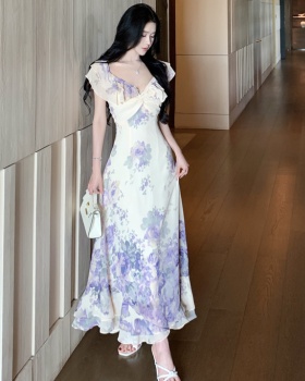 Printing vacation long dress lotus leaf edges purple dress