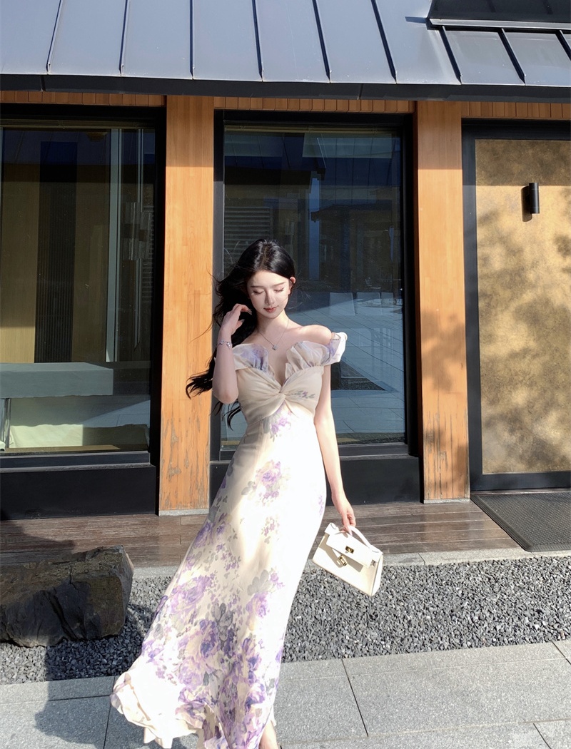 Printing vacation long dress lotus leaf edges purple dress