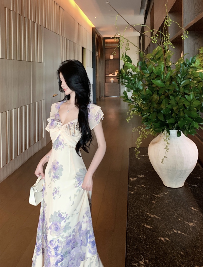 Printing vacation long dress lotus leaf edges purple dress