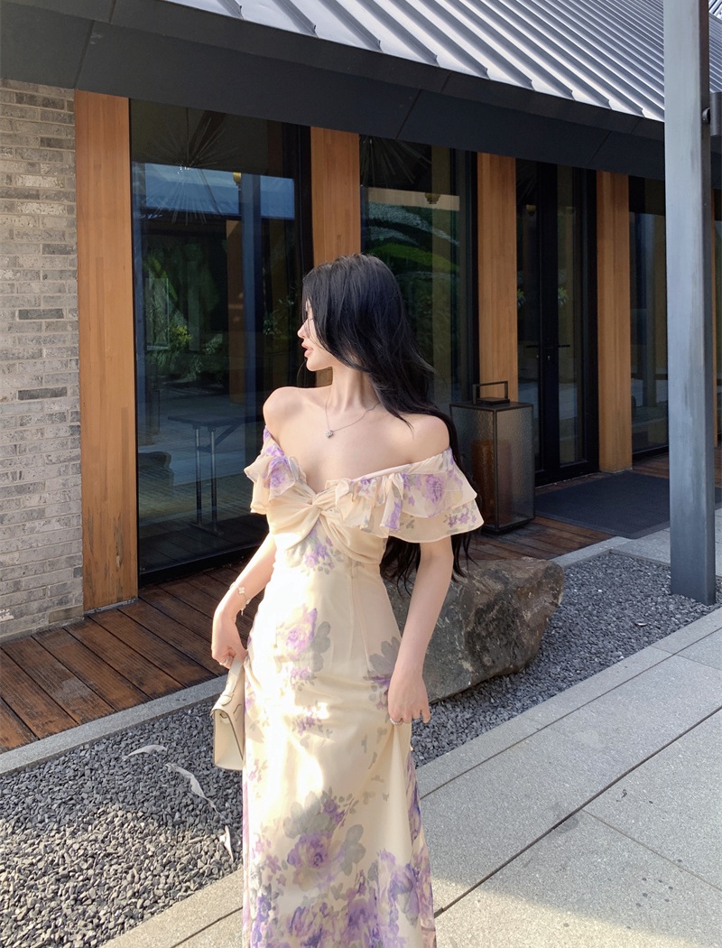 Printing vacation long dress lotus leaf edges purple dress