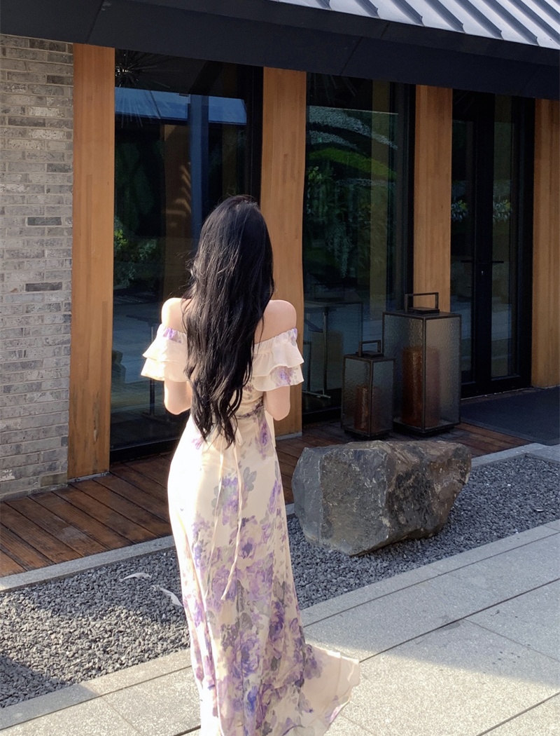 Printing vacation long dress lotus leaf edges purple dress