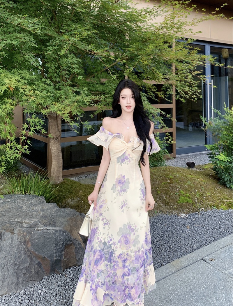 Printing vacation long dress lotus leaf edges purple dress