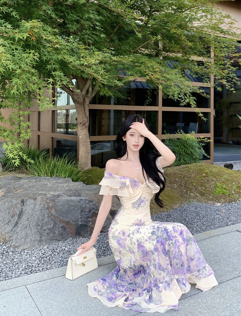 Printing vacation long dress lotus leaf edges purple dress