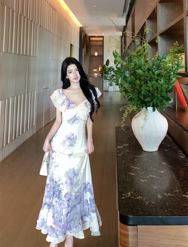 Printing vacation long dress lotus leaf edges purple dress