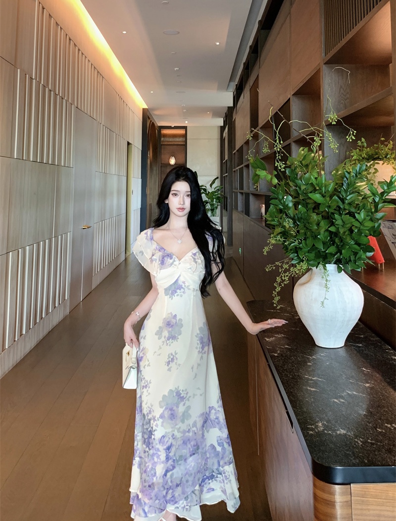 Printing vacation long dress lotus leaf edges purple dress