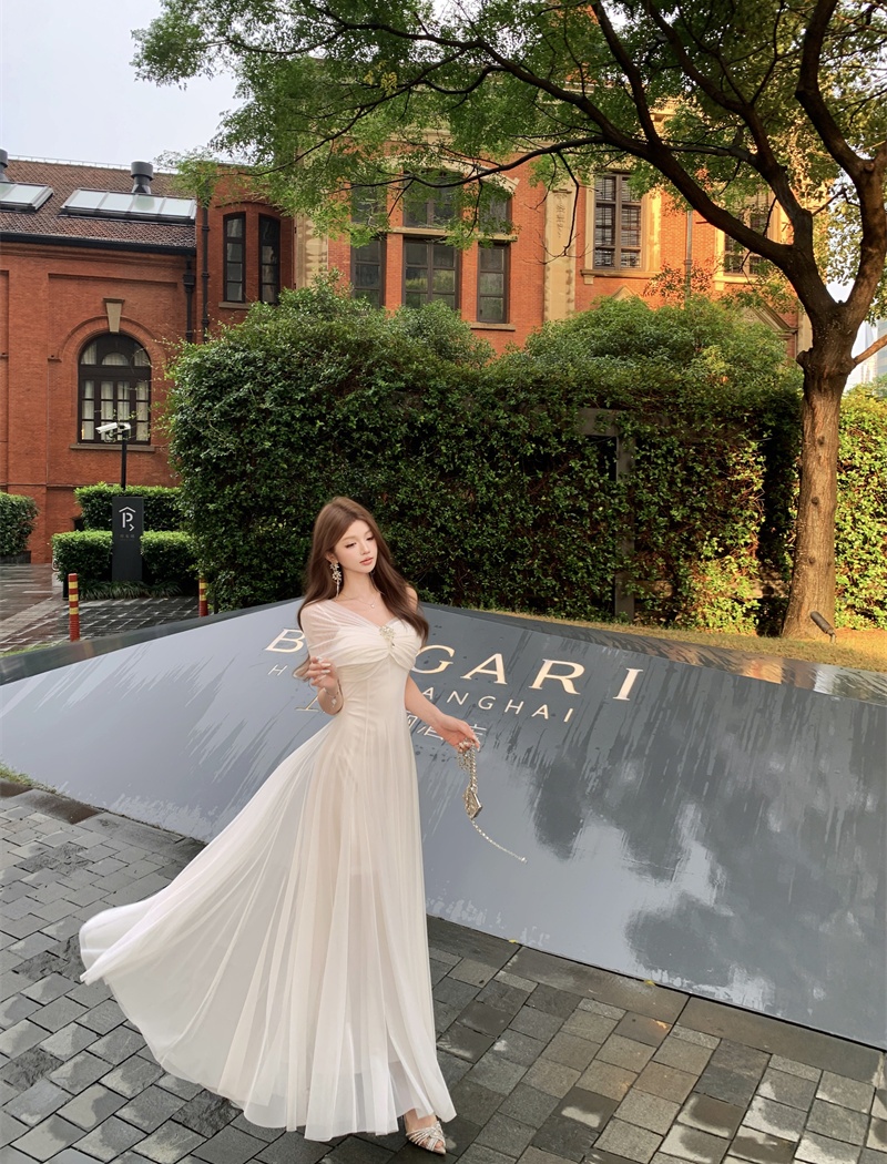 Gauze wrapped chest jumpsuit summer big skirt dress