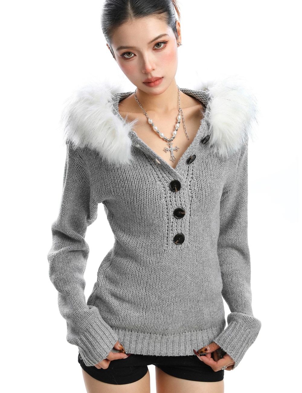 Autumn fur collar sweater hooded spicegirl tops for women