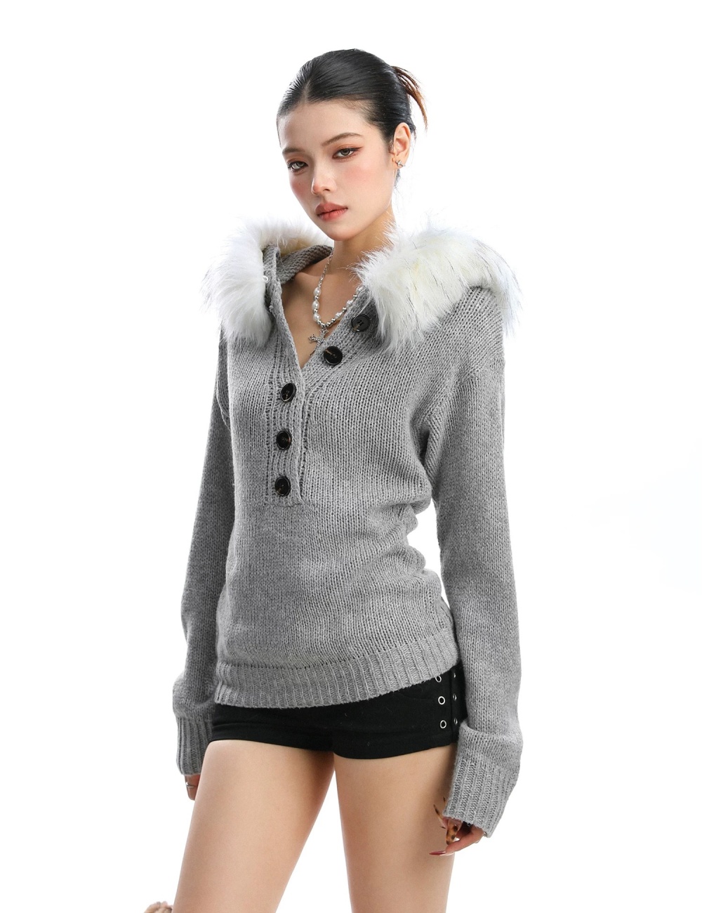 Autumn fur collar sweater hooded spicegirl tops for women