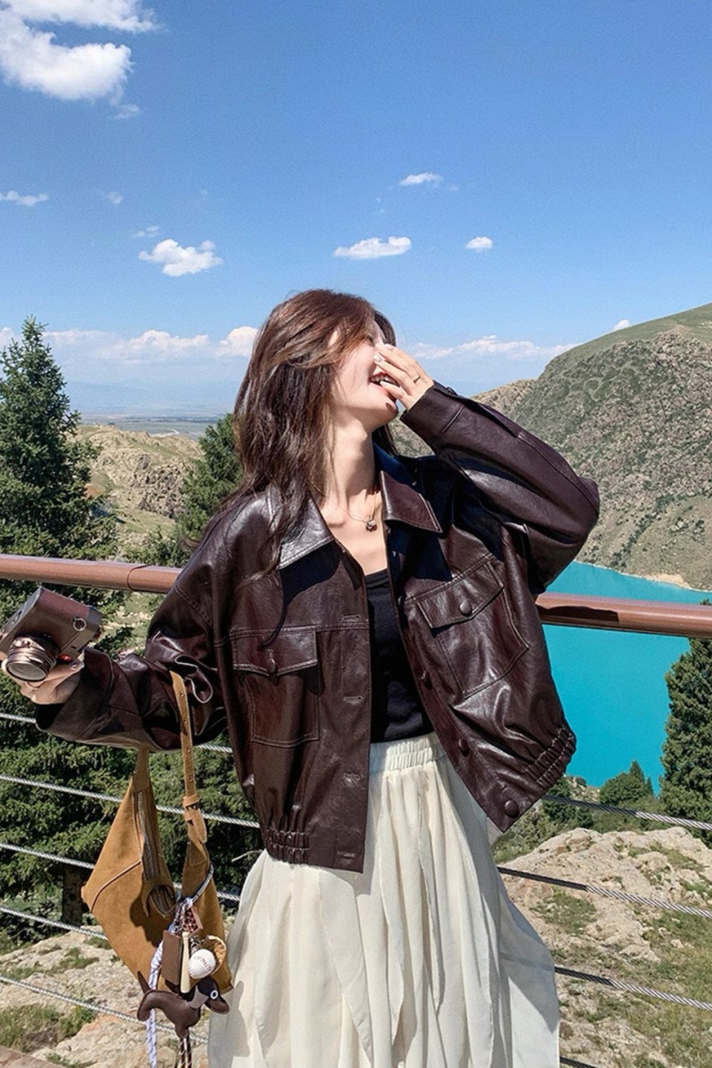 Slim American style jacket retro PU tops for women