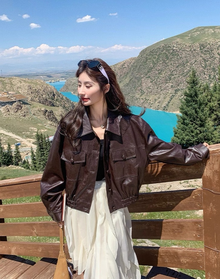 Slim American style jacket retro PU tops for women