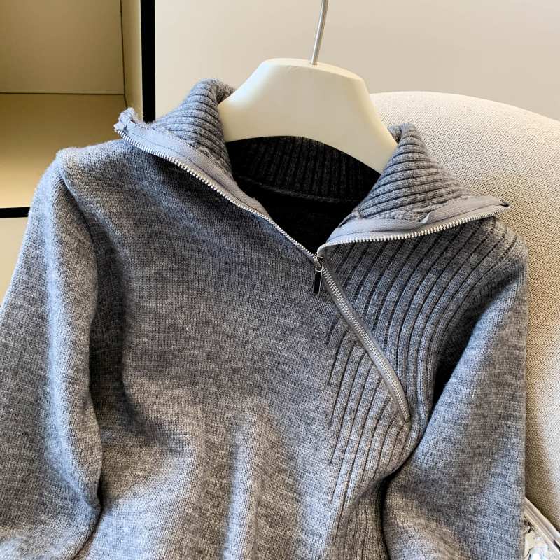 Niche simple tops oblique zipper sweater for women