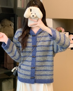 All-match stripe sweater mixed colors hooded coat for women