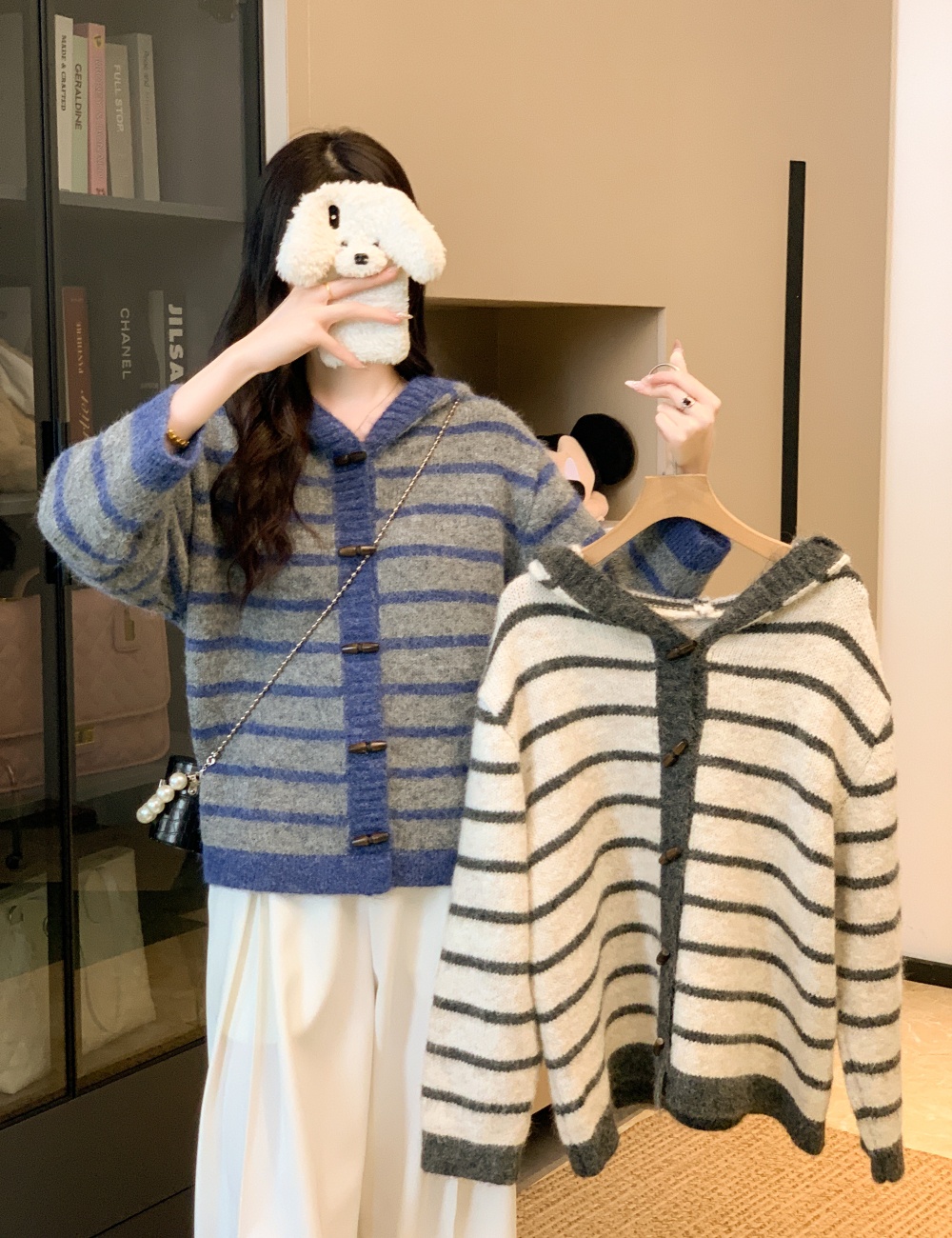 All-match stripe sweater mixed colors hooded coat for women