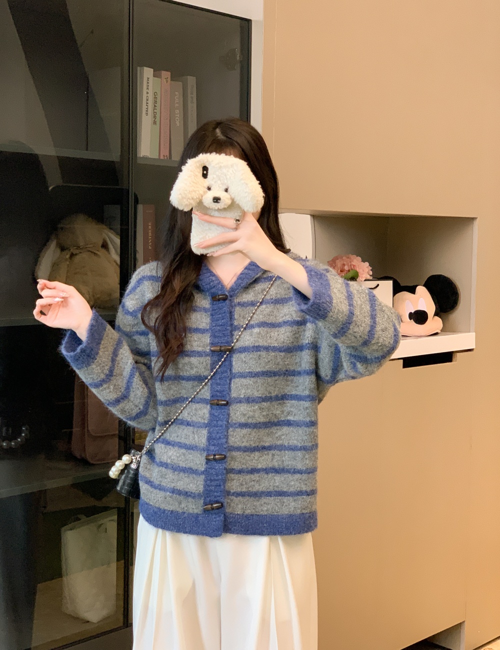 All-match stripe sweater mixed colors hooded coat for women