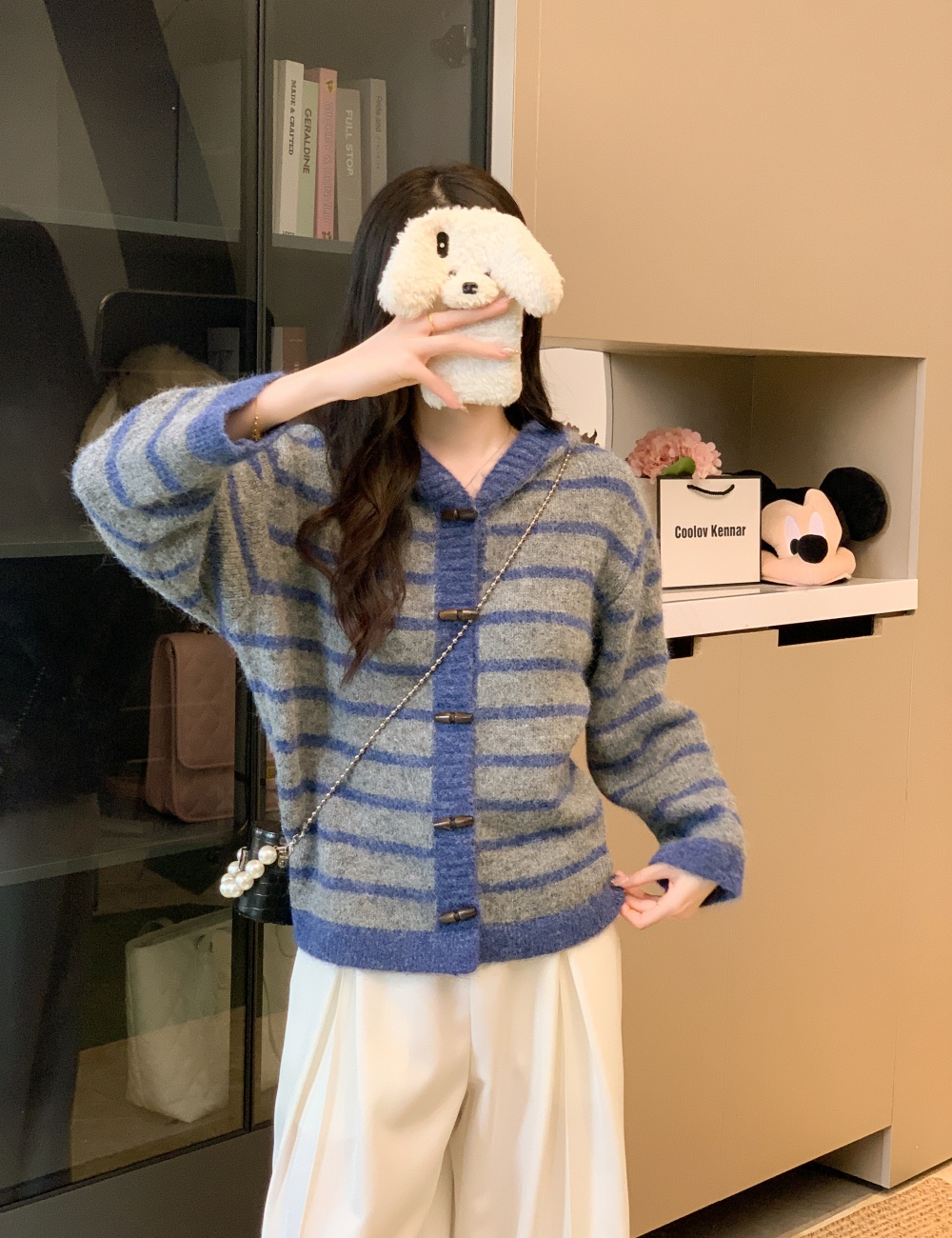 All-match stripe sweater mixed colors hooded coat for women