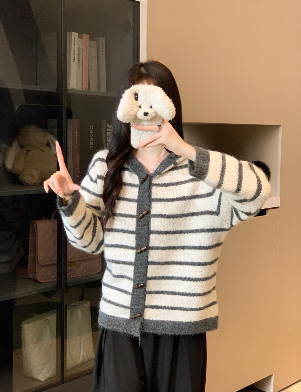 All-match stripe sweater mixed colors hooded coat for women