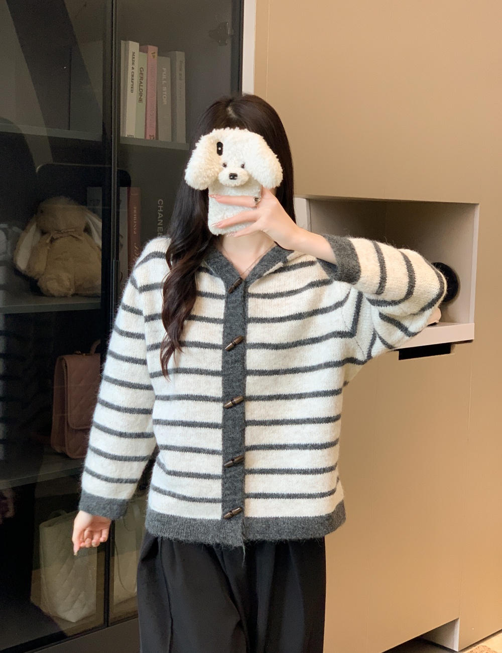 All-match stripe sweater mixed colors hooded coat for women