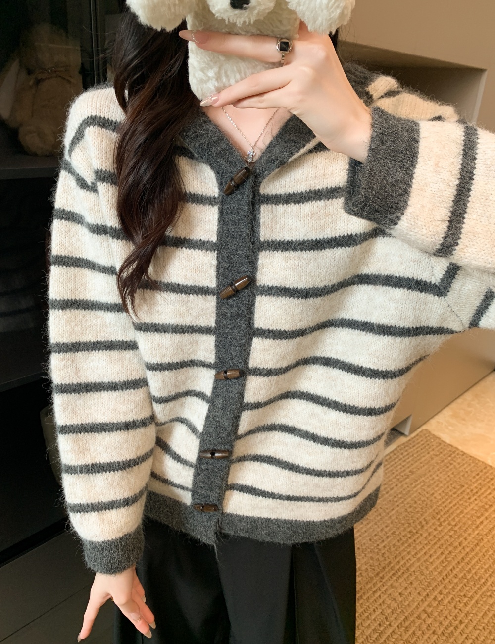 All-match stripe sweater mixed colors hooded coat for women