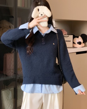 Autumn gray tops fashion Pseudo-two sweater for women
