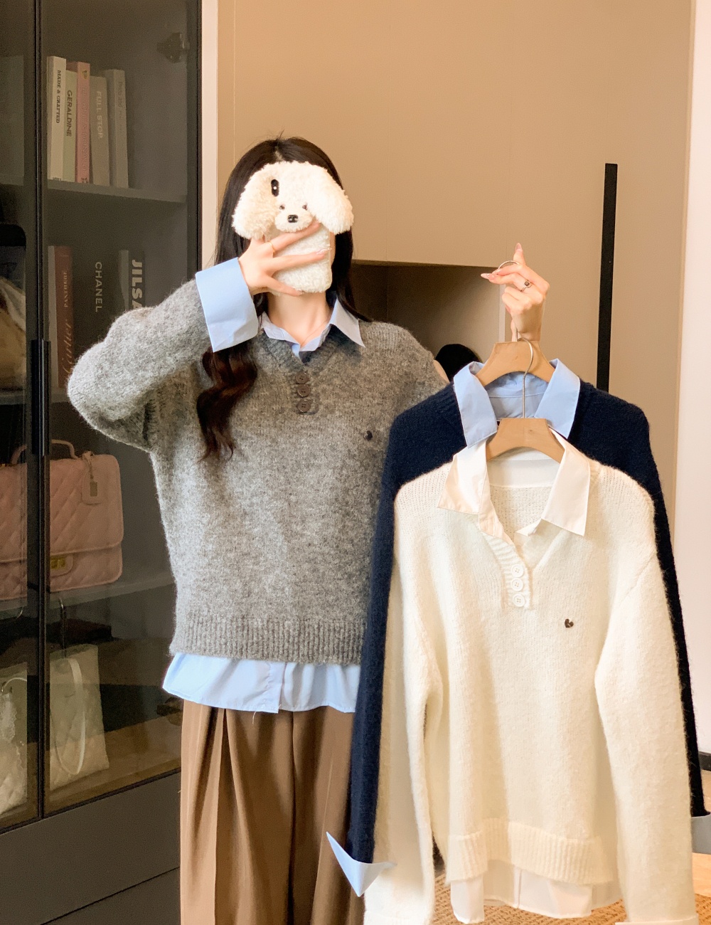 Autumn gray tops fashion Pseudo-two sweater for women