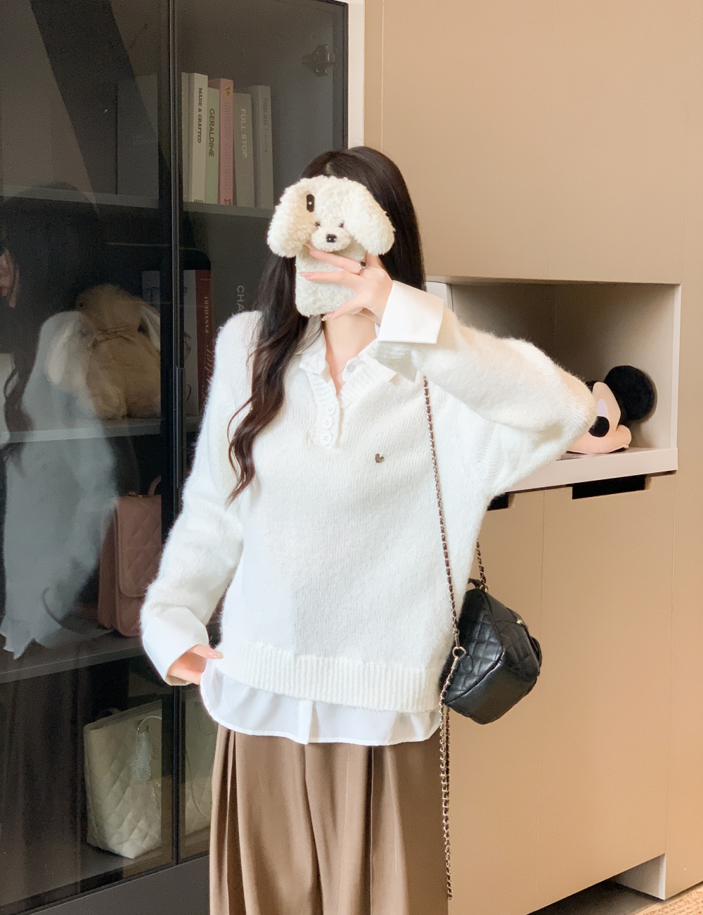 Autumn gray tops fashion Pseudo-two sweater for women