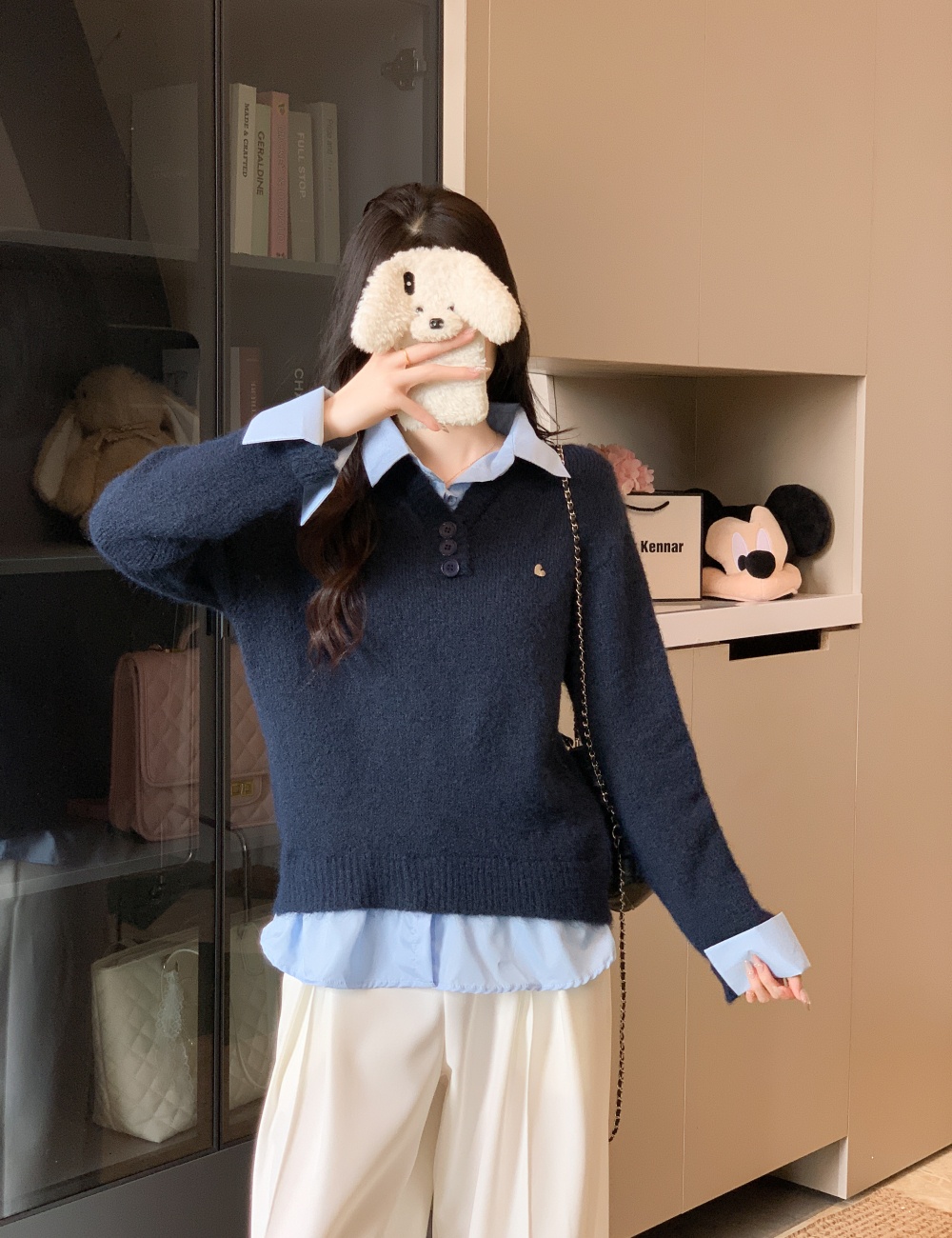 Autumn gray tops fashion Pseudo-two sweater for women