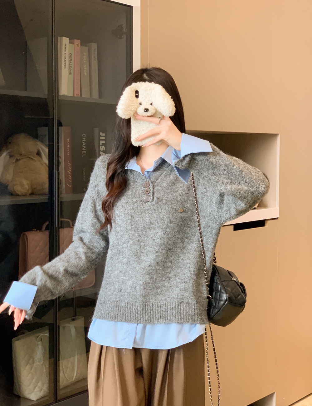 Autumn gray tops fashion Pseudo-two sweater for women