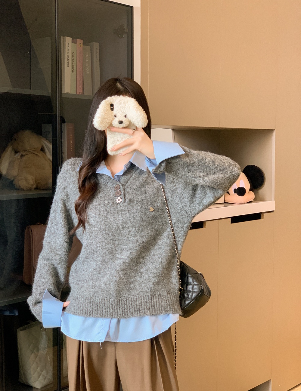 Autumn gray tops fashion Pseudo-two sweater for women