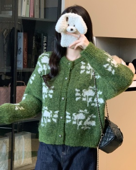 Green wool printing sweater snowflake winter lazy coat