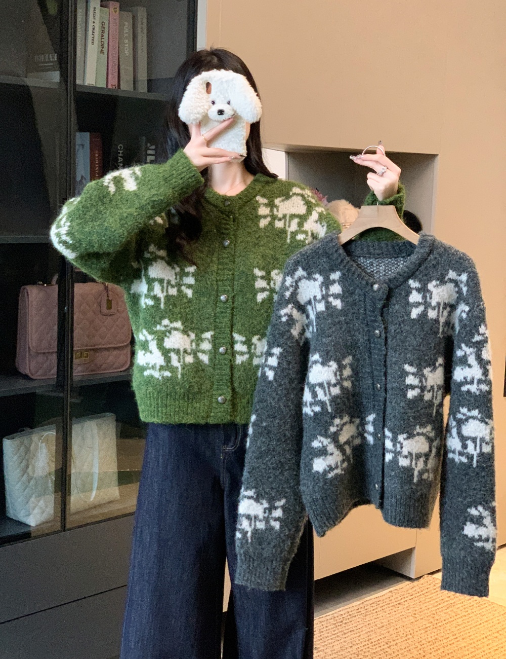 Green wool printing sweater snowflake winter lazy coat