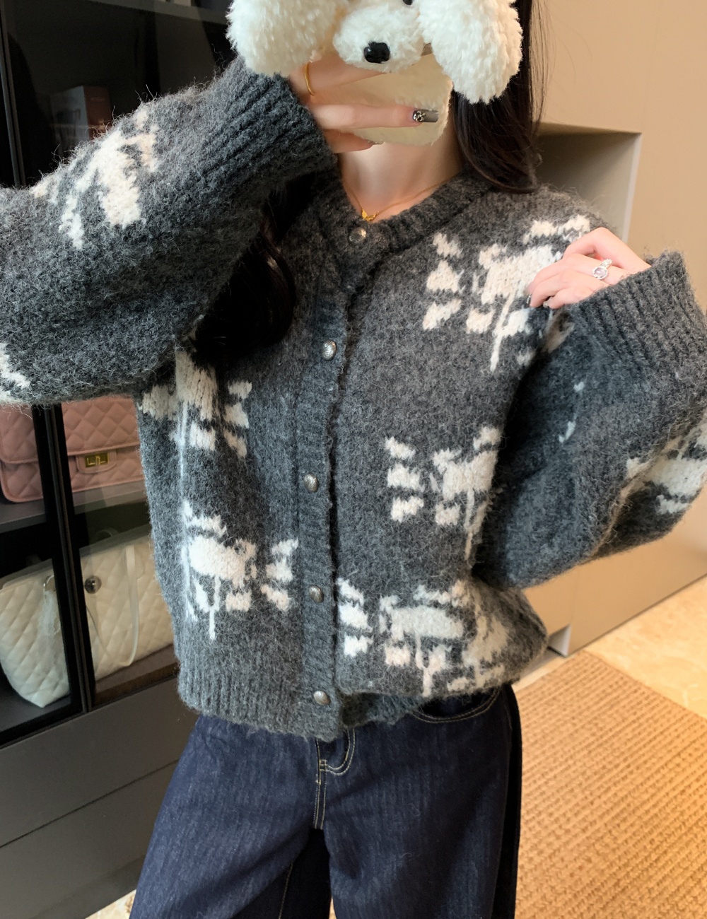 Green wool printing sweater snowflake winter lazy coat