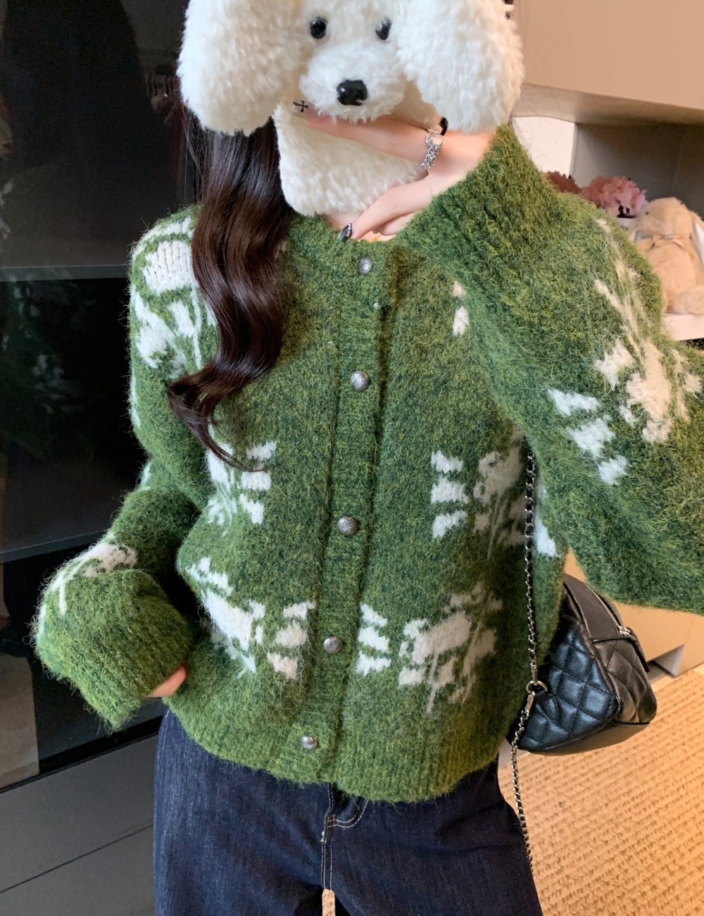 Green wool printing sweater snowflake winter lazy coat