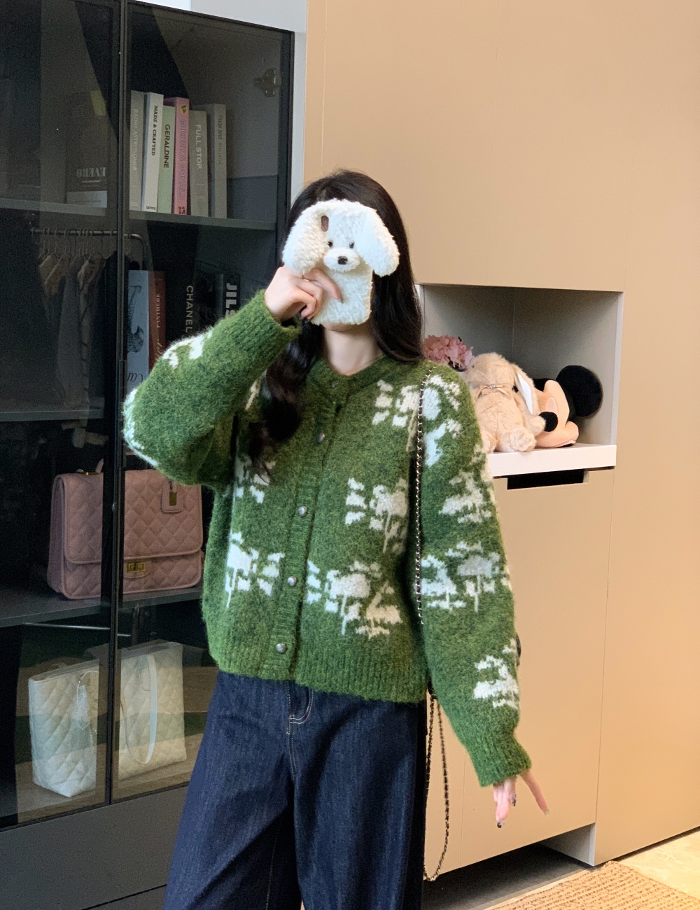 Green wool printing sweater snowflake winter lazy coat