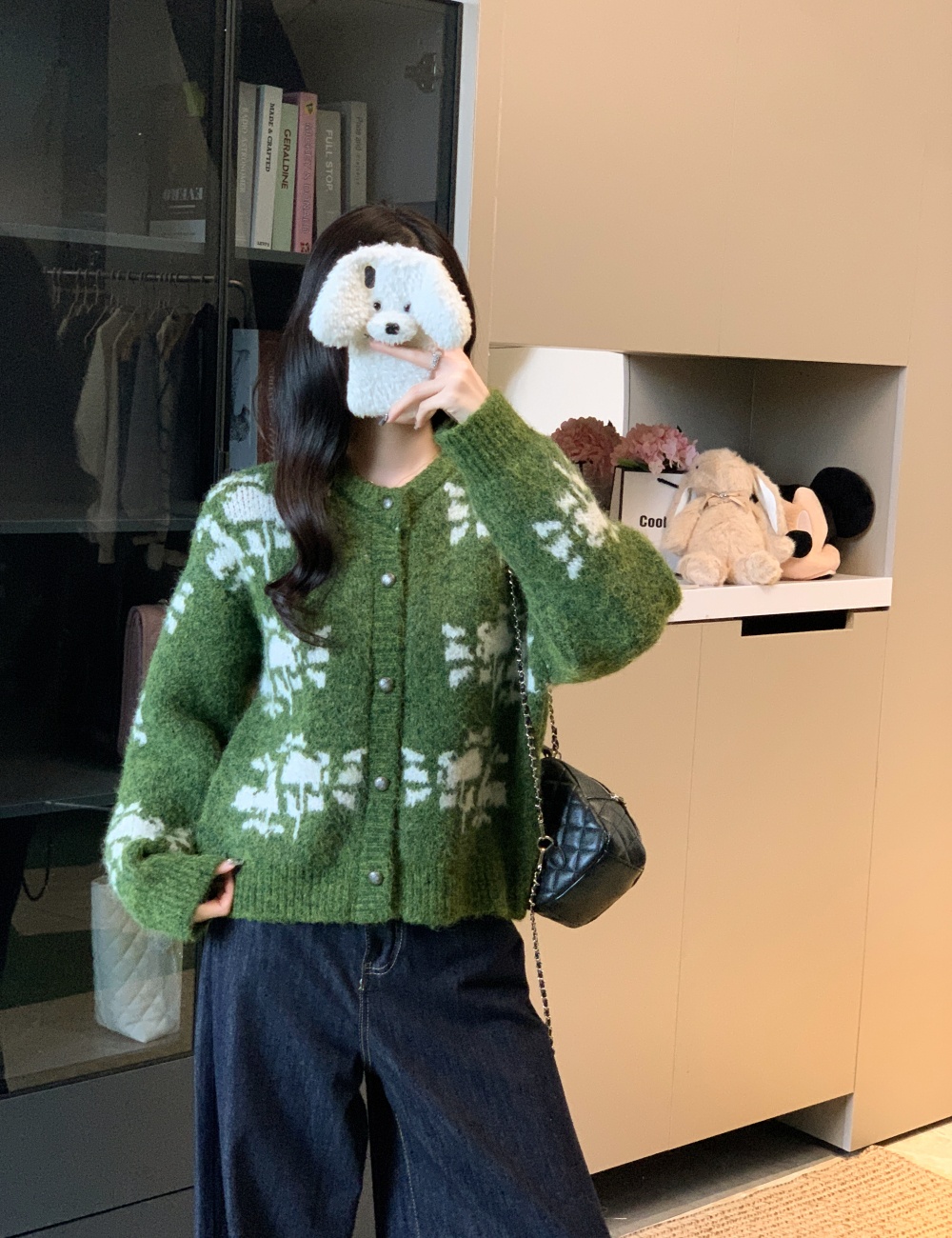 Green wool printing sweater snowflake winter lazy coat