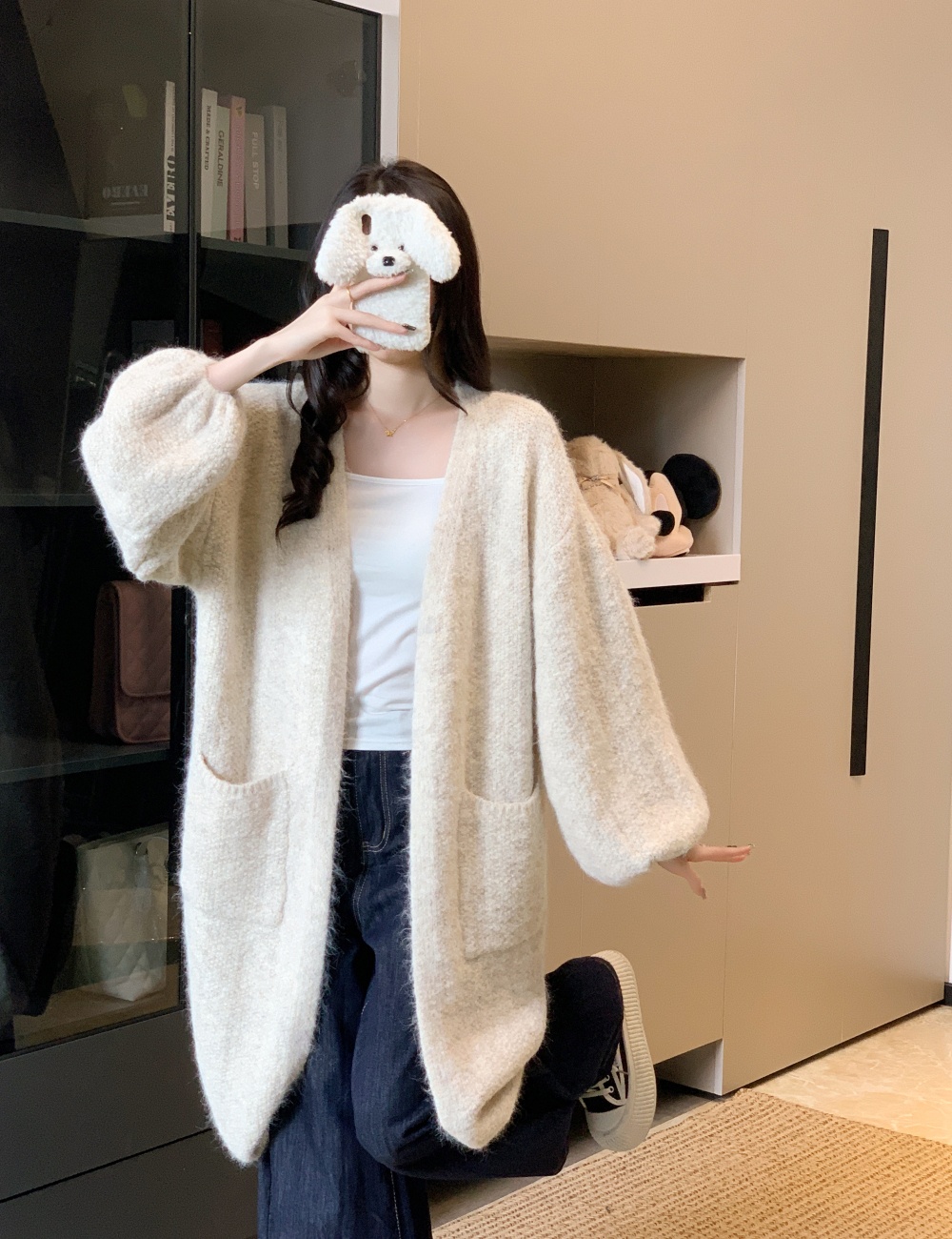 Lazy autumn and winter loose cardigan wool long coat for women