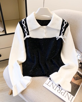 Autumn Western style sweater Pseudo-two splice tops for women