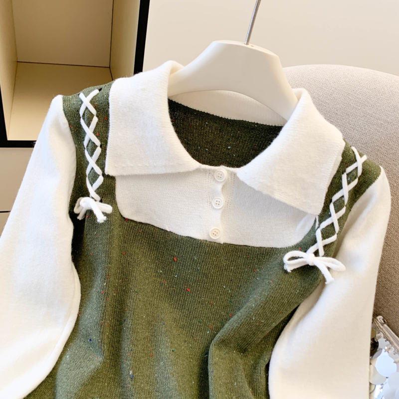Autumn Western style sweater Pseudo-two splice tops for women
