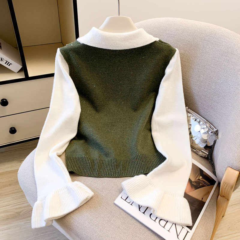 Autumn Western style sweater Pseudo-two splice tops for women