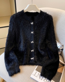 Pure bow buckle autumn cardigan knitted tender sweet sweater