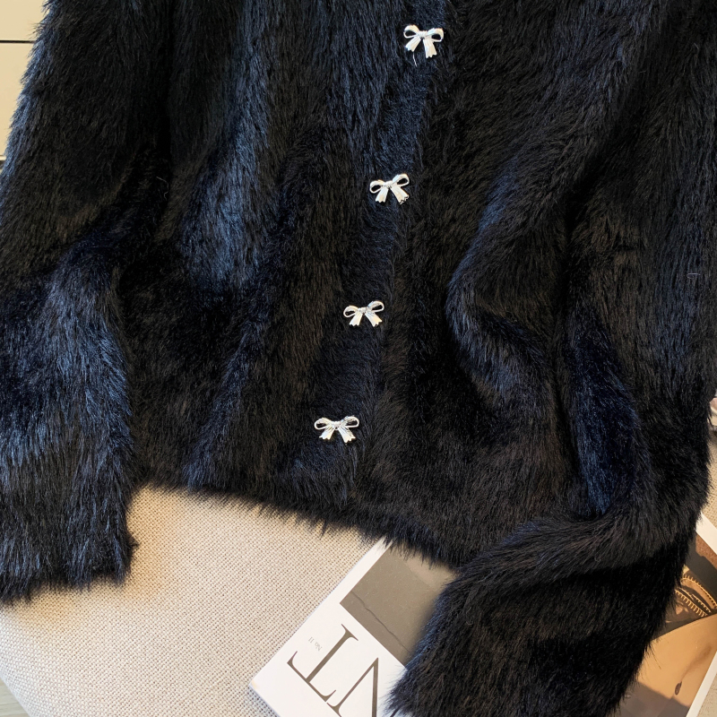 Pure bow buckle autumn cardigan knitted tender sweet sweater
