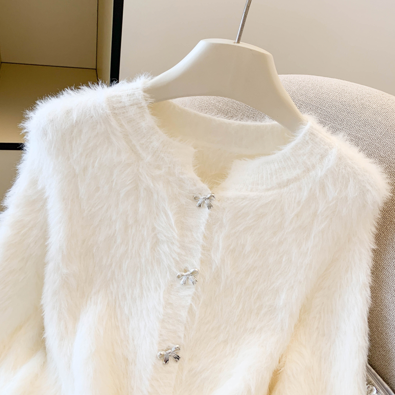 Pure bow buckle autumn cardigan knitted tender sweet sweater