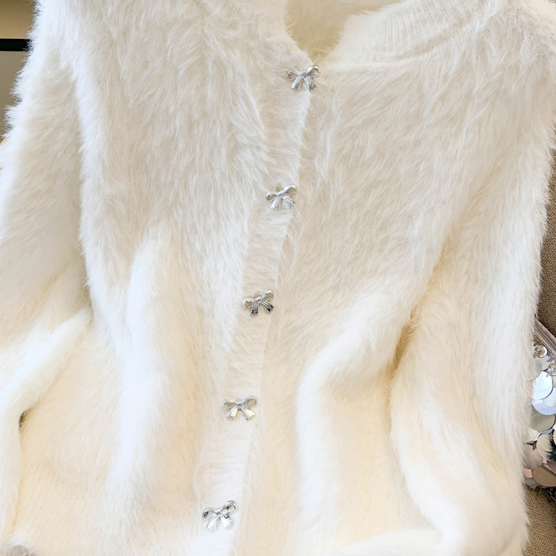 Pure bow buckle autumn cardigan knitted tender sweet sweater