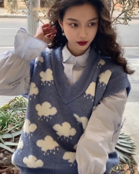 Blue V-neck loose waistcoat knitted student vest for women
