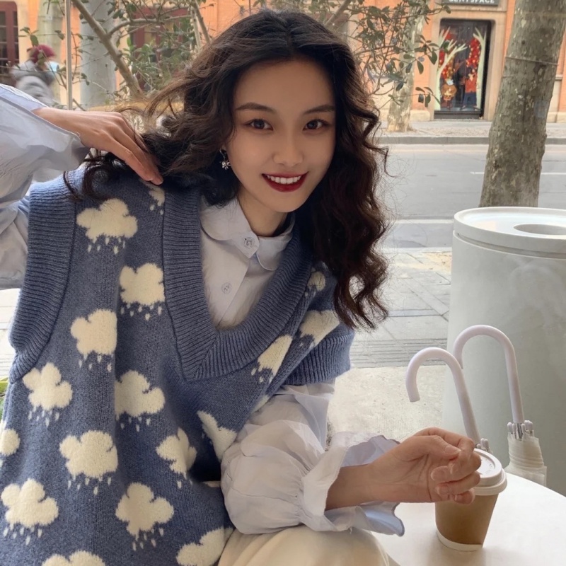 Blue V-neck loose waistcoat knitted student vest for women