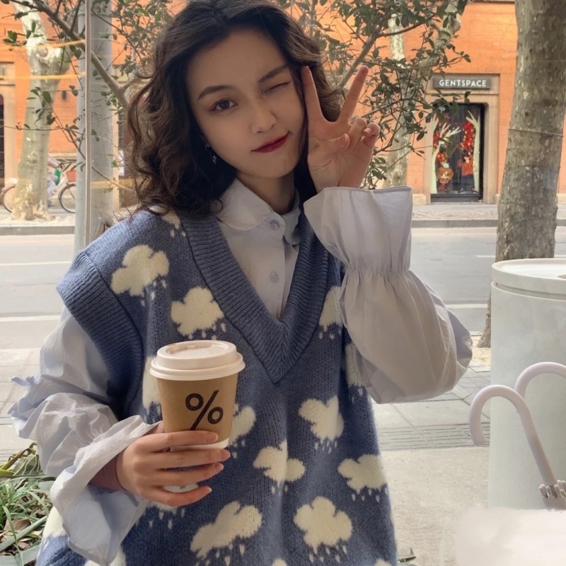 Blue V-neck loose waistcoat knitted student vest for women