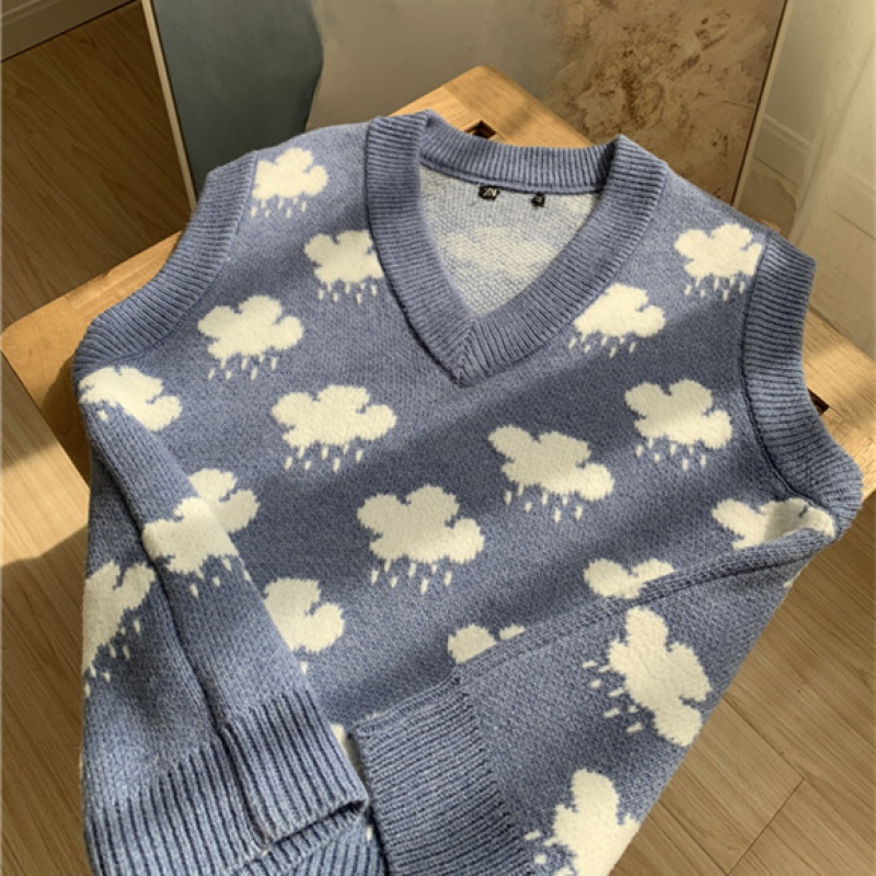 Blue V-neck loose waistcoat knitted student vest for women