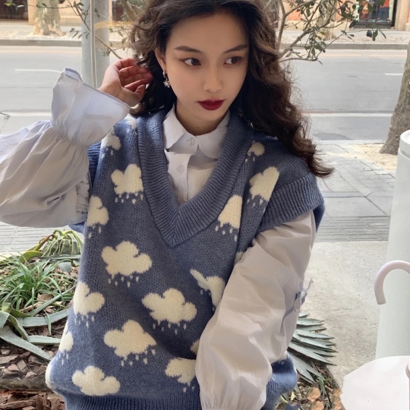 Blue V-neck loose waistcoat knitted student vest for women