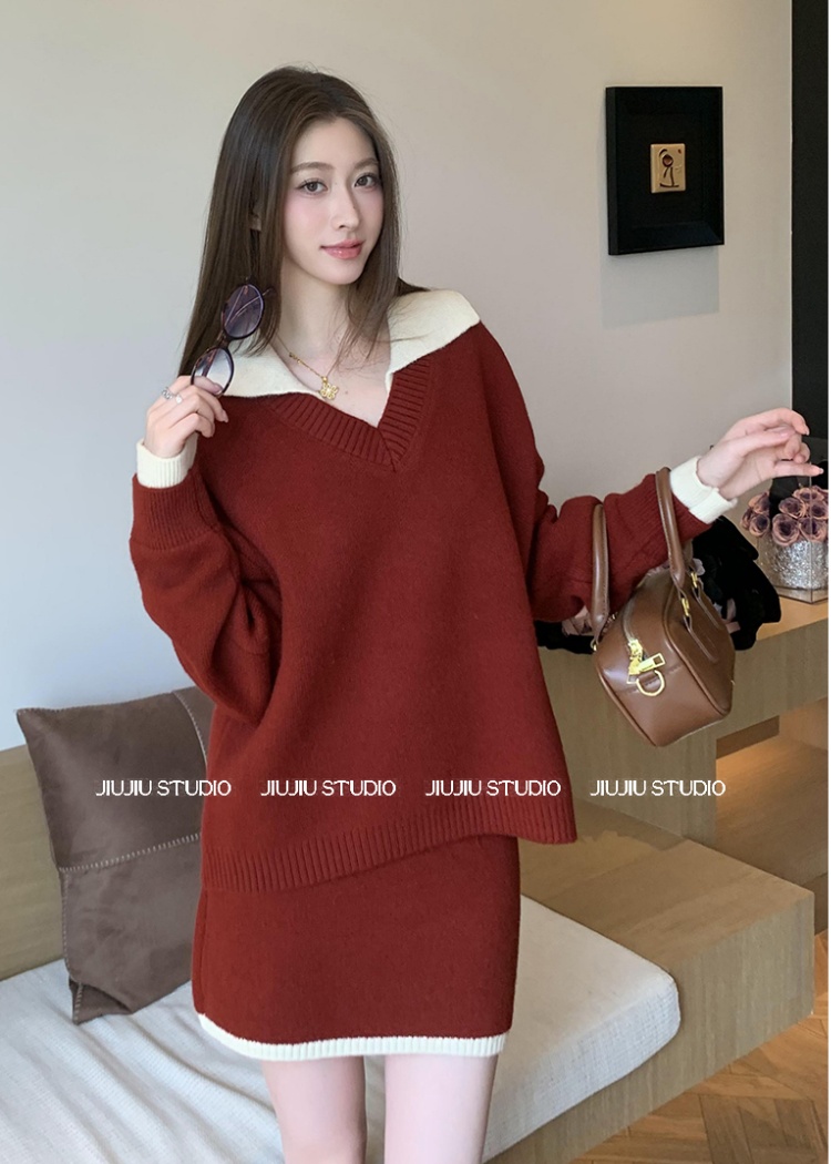 Simple skirt mixed colors tops a set for women