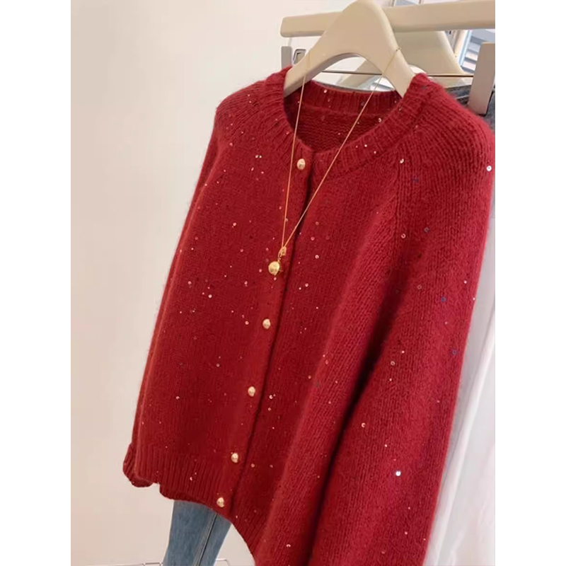 Sequins knitted sweater tender red coat for women