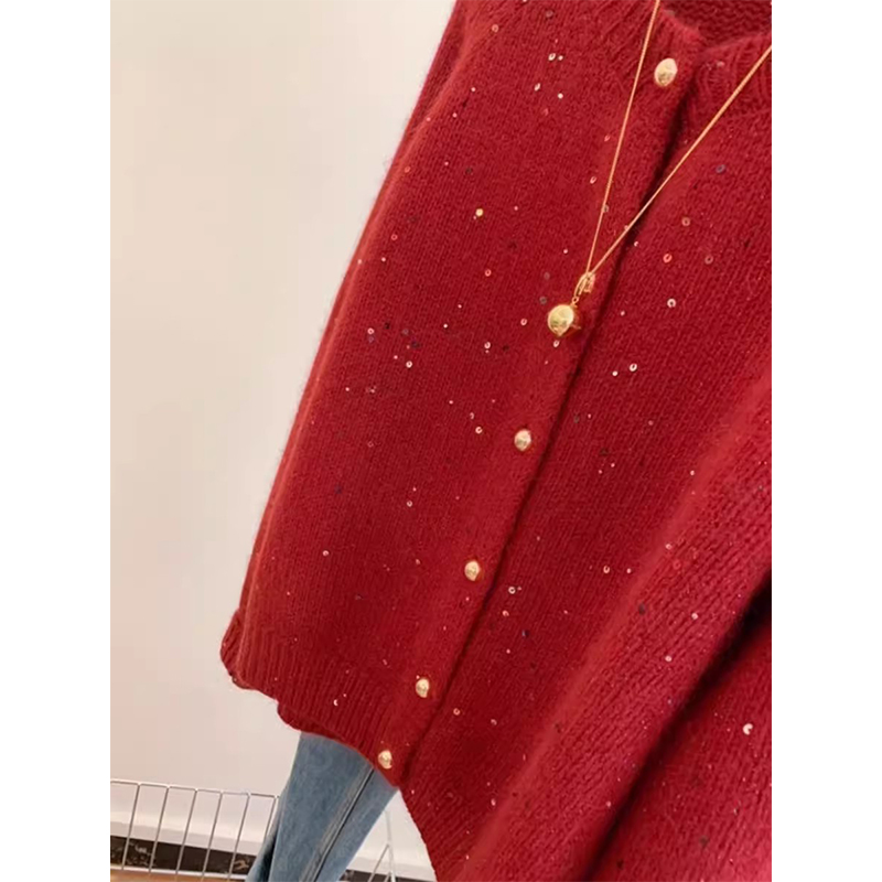 Sequins knitted sweater tender red coat for women